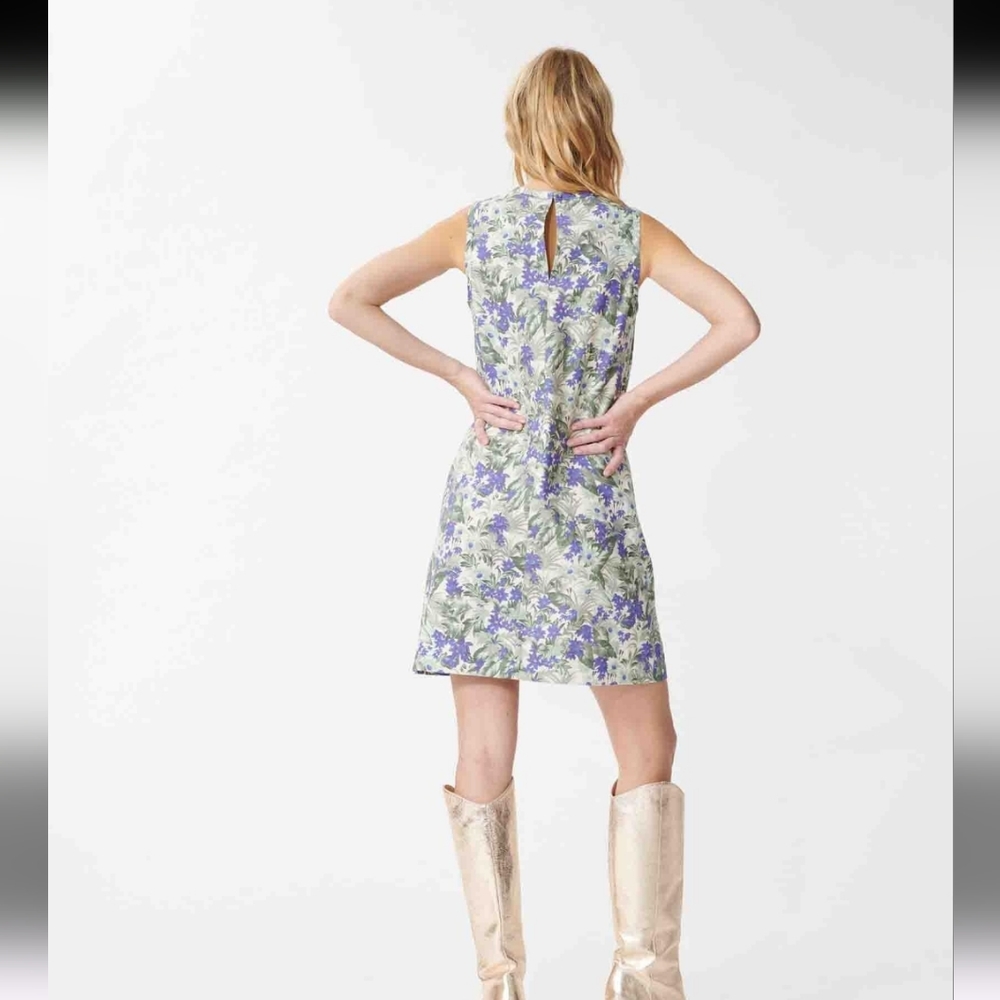 Tara Jarmon Off-white Blue Dress with Pampas And Flowers Print In Linen - Picture 2 of 9